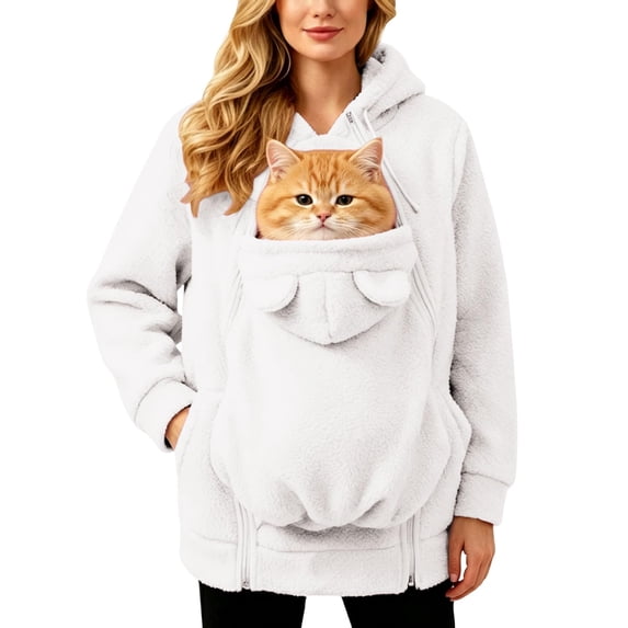 CCRFTGI Womens Cat Dog Pouch Hoodies Fleece Zip Up Oversized Jacket Fall Winter Large Pocket Pet Carrier Hoodies White XXL