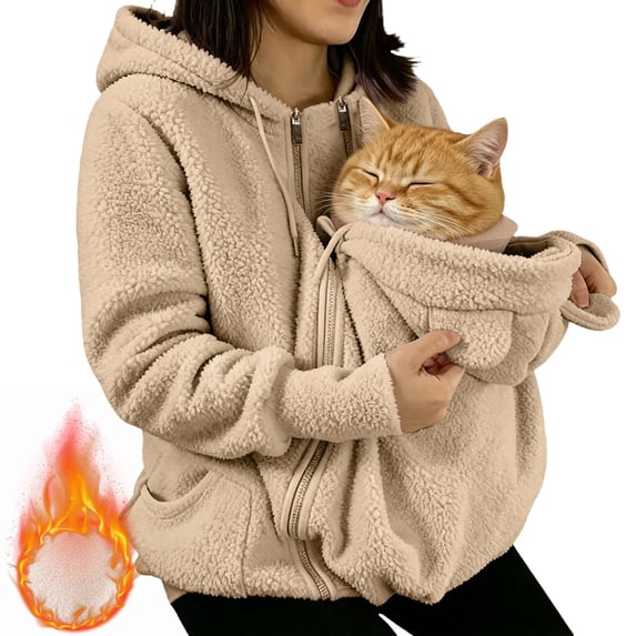 CCRFTGI Womens Cat Dog Pouch Hoodies Fleece Zip Up Oversized Jacket Winter Warm Wearable Pet Carrier Pocket Long Sleeve Sweatshirt Khaki XL