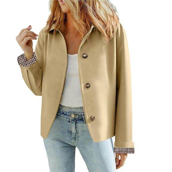 CCRFTGI Womens Cropped Trench Coat Lightweight Plaid Lining Lapel Fall Jacket Outwear Trendy Button Down Classic Single Breasted Windbreaker Khaki S