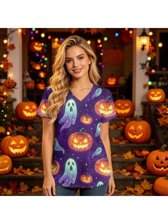 Womens Halloween scrubs Plus Size Cute Pumpkin Ghost Nursing Short Sleeve V Neck Stretchy Hospital Uniforms Shirts with Pockets Purple S
