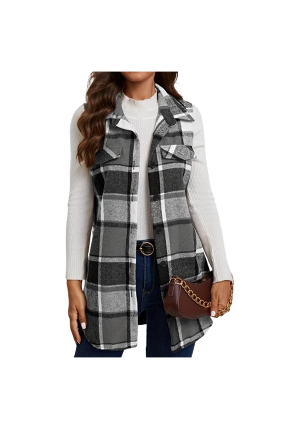 Womens Long Vest Flannel Plaid Print Vest Top Casual Lapel Sleeveless Blazer Jackets Outerwear Fall Open Front Button Down Shirt Jacket Black L