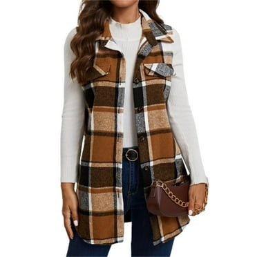 CCRFTGI Womens Long Vest Flannel Plaid Print Vest Tops Casual Lapel Sleeveless Blazer Jackets Outerwear Fall Open Front Button Up Jackets Khaki 2XL