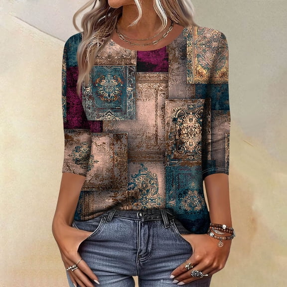 CCRFTGI Womens Tops 3/4 Sleeve Casual Crew Neck Tunic Blouses Fashion Vintage Floral Print Shirts Business Work Fall 2025 Clothes Brown L