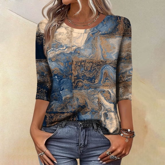 CCRFTGI Womens Tops 3/4 Sleeve Casual Crew Neck Tunic Blouses Fashion Vintage Floral Print Shirts Business Work Fall Tops Blue XL