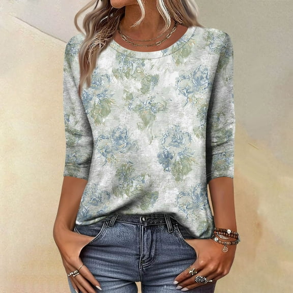 CCRFTGI Womens Tops 3/4 Sleeve Casual Crew Neck Tunic Blouses Fashion Vintage Floral Print T Shirts Cute Fall 2025 Tee Top Light Green L