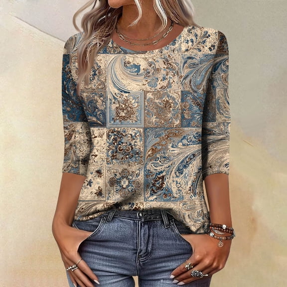 CCRFTGI Womens Tops 3/4 Sleeve Casual Crew Neck Tunic Blouses Trendy Vintage Floral Print Shirts Business Work Fall 2025 Tee Top Khaki L