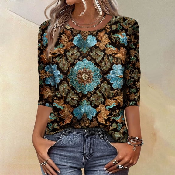 CCRFTGI Womens Tops 3/4 Sleeve Casual Crew Neck Tunic Blouses Trendy Vintage Floral Print T Shirts Cute Fall 2025 Clothes Cyan M