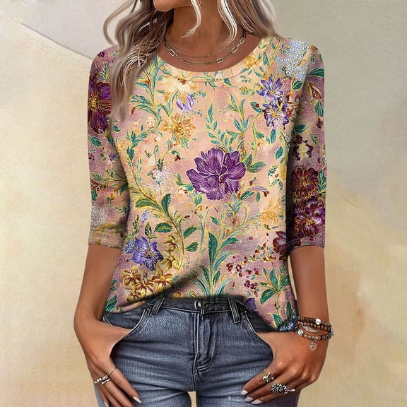 CCRFTGI Womens Tops 3/4 Sleeve Casual Crew Neck Tunic Tops Fashion Vintage Floral Print T Shirts Business Work Fall 2025 Clothes Orange M