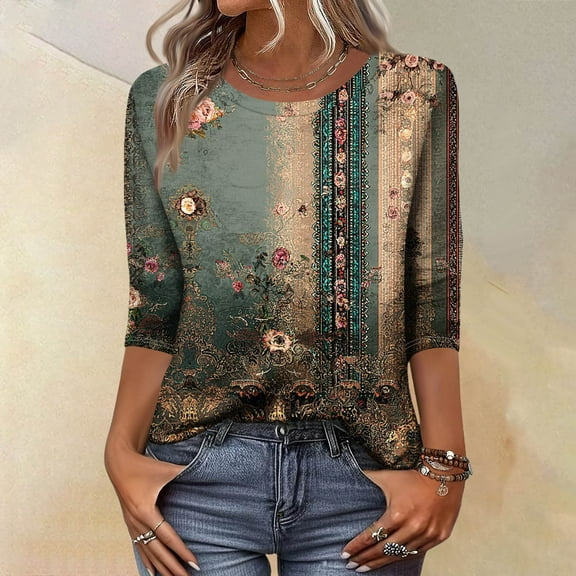 CCRFTGI Womens Tops 3/4 Sleeve Casual Crew Neck Tunic Tops Trendy Vintage Floral Print Shirts Business Work Fall Tops Army Green XXXL