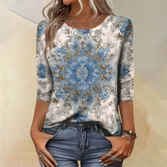 CCRFTGI Womens Tops 3/4 Sleeve Casual Crew Neck Tunic Tops Trendy Vintage Floral Print T Shirts Basics Fall Tops Light Blue XXXL