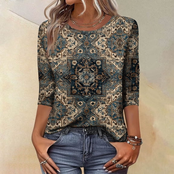 CCRFTGI Womens Tops 3/4 Sleeve Dressy Casual Crew Neck Tunic Blouses Trendy Vintage Floral Print Shirts Business Work Fall 2025 Clothes Army Green M