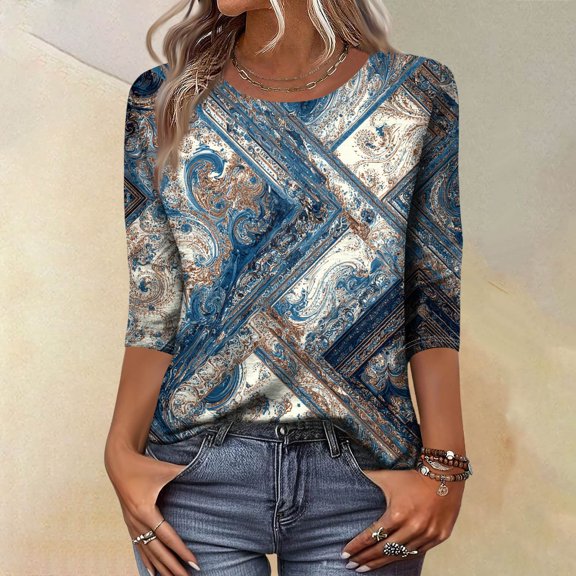 CCRFTGI Womens Tops 3/4 Sleeve Dressy Casual Crew Neck Tunic Blouses Trendy Vintage Floral Print Shirts Loose Fit Fall 2025 Tops Sky Blue M