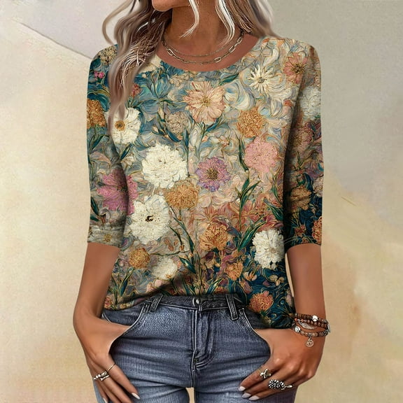 CCRFTGI Womens Tops 3/4 Sleeve Dressy Casual Crew Neck Tunic Blouses Trendy Vintage Floral Print T Shirts Basics Fall Tops Orange XXL