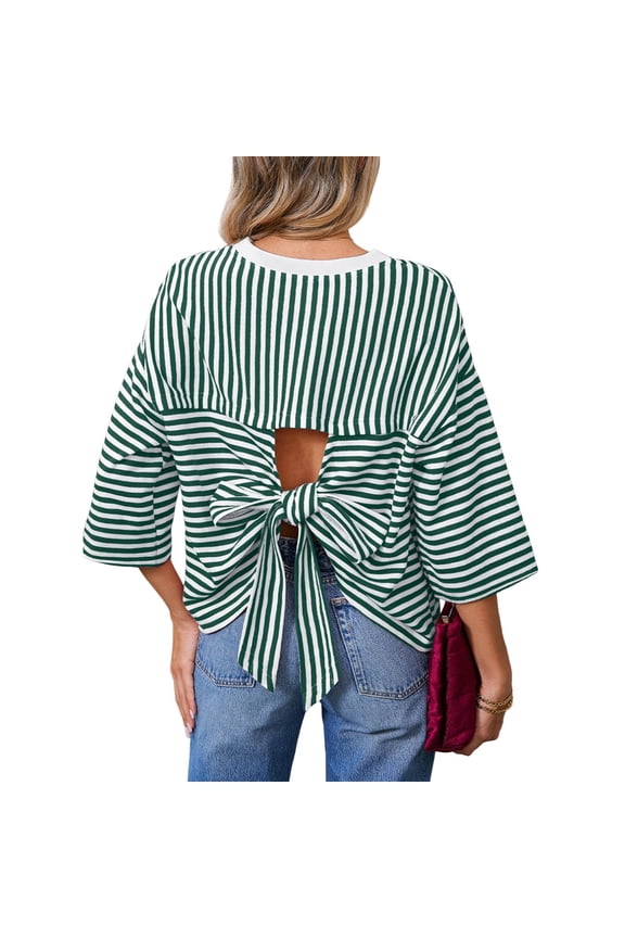Womens Tops Striped Crewneck T-Shirts Bowknot Cutout Back Tie Short Sleeve Ribbed Knit Loose Oversized Boxy Tee Tops Green S
