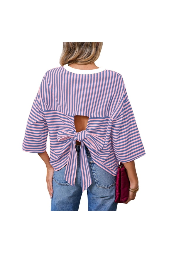 Womens Tops Striped Crewneck T-Shirts Bowknot Cutout Back Tie Short Sleeve Ribbed Knit Loose Oversized Boxy Tee Tops Purple S