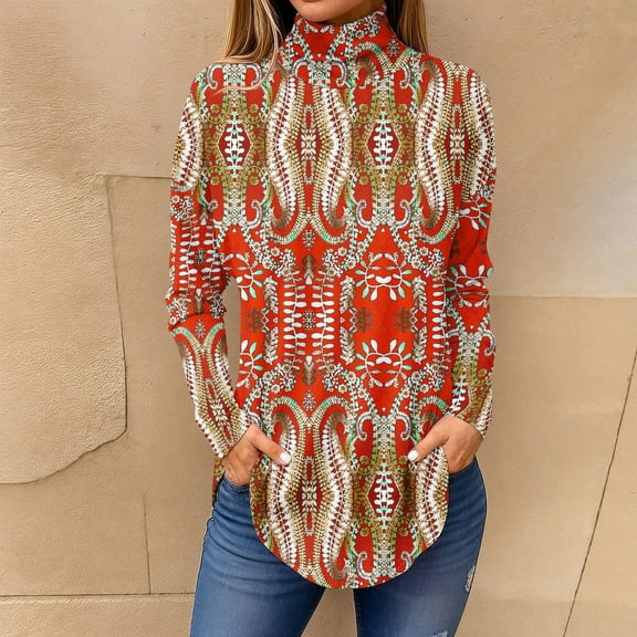 CCRFTGI Womens Tops Turtle Necks Fashion Long Sleeve Blouses Vacation Vintage Floral Print Side Split Shirts Dressy Casual Fall Tops Red L
