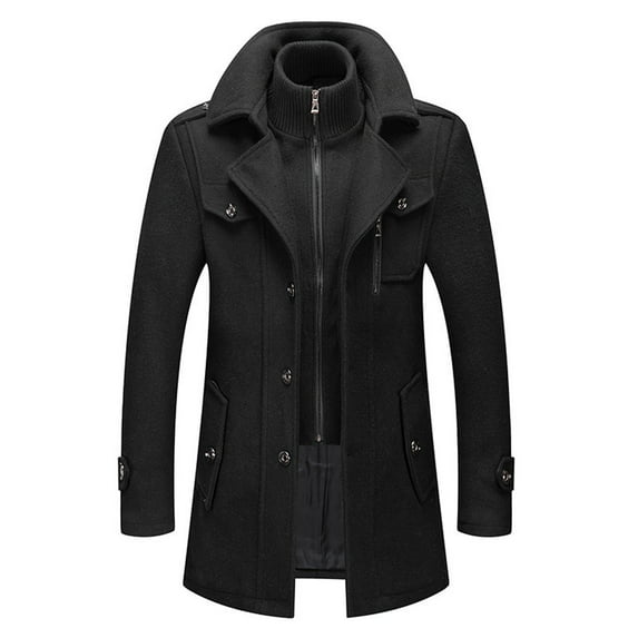 CCRFTGI Wool Jacket Men Big and Tall Thermal Zipper Pea Coats Winter Single Breasted Black Jacket Soft Notch Lapel Trench Coat with Pockets Black 4XL