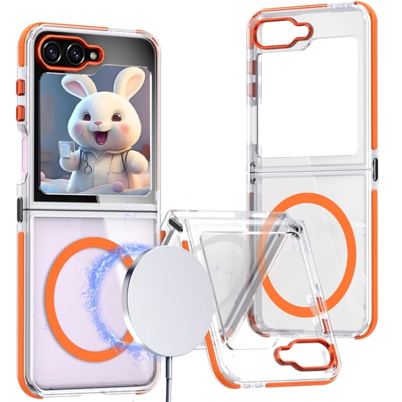 CCSamll for Samsung Galaxy Z Flip 6 Case Clear with Metal Buckle Link, Compatible with MagSafe [Crystal Anti-Yellowing] Slim Thin Case Cover Support Wireless Charging for Galaxy Z Flip6 TM Orange