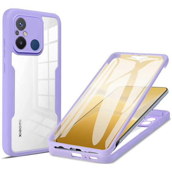 CCSamller Slim Case for Xiaomi Redmi 12C with Screen Protector, Full Body Clear Soft TPU Rugged Bumper Case Shockproof Phone Cover for Xiaomi Redmi 12C QC Purple