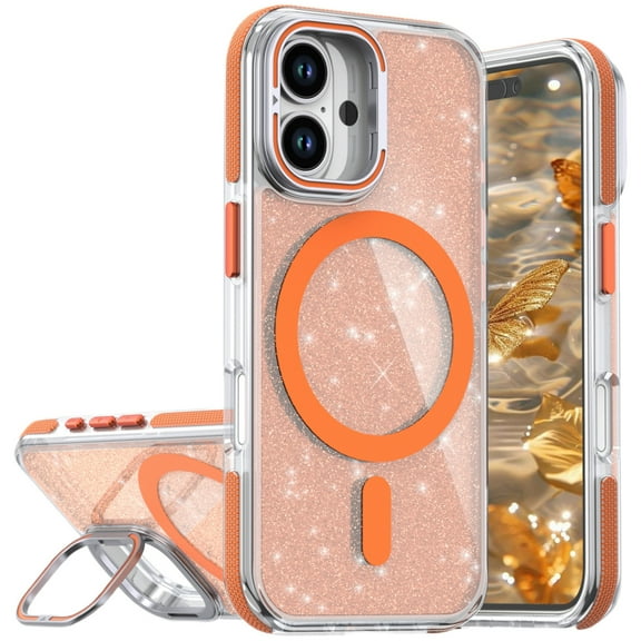 CCSmall for Apple iPhone 16 Plus Case Clear Bling with Camera Lens Ring Stand, [Crystal Anti-Yellowing] Compatible with MagSafe Girls Women Cute Sparkle Case Cover for iPhone 16 Plus XCS Orange