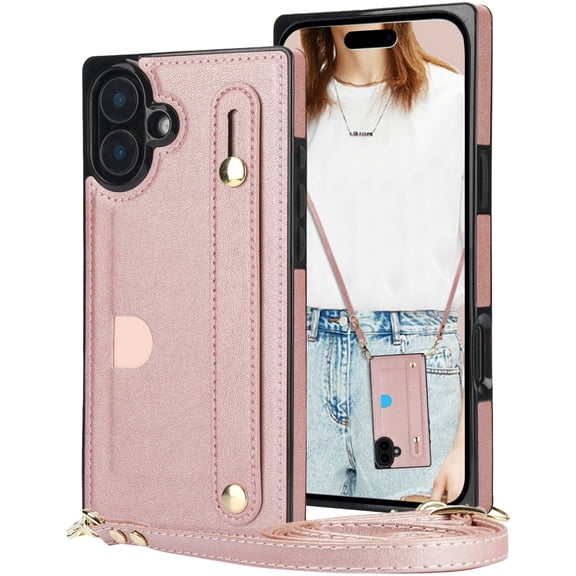 CCSmall for Apple iPhone 16 Plus Case Crossbody with Card Slot Holder for Women, Removable Adjustable Shoulder Strap Lanyard with Wristband Kickstand Phone Cover Case for iPhone 16 Plus KB Rose
