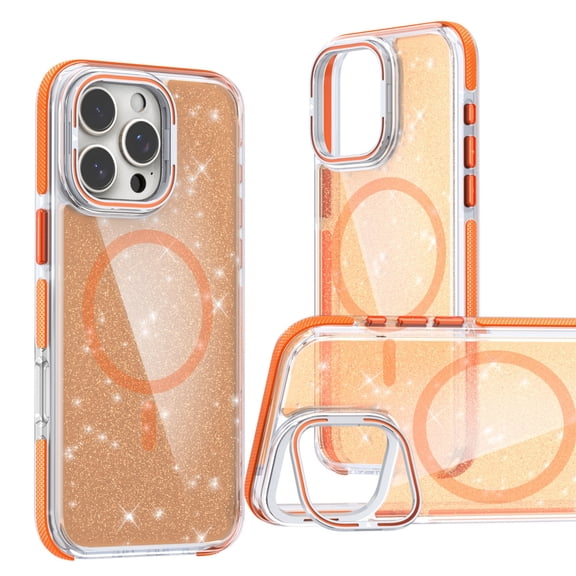CCSmall for Apple iPhone 16 Pro Max Case Clear Bling with Camera Lens Ring Stand, [Crystal Anti-Yellowing] Compatible with MagSafe Girls Women Cute Sparkle Case Cover for iPhone 16 Pro Max XCS Orange