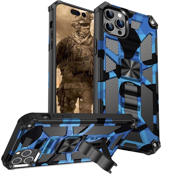 CCSmall Camouflage Case for Apple iPhone 15 Pro with Metal Kickstand, Camo Phone Cover Built-in 360° Rotate Ring Stand Case for iPhone 15 Pro MC Dark Blue