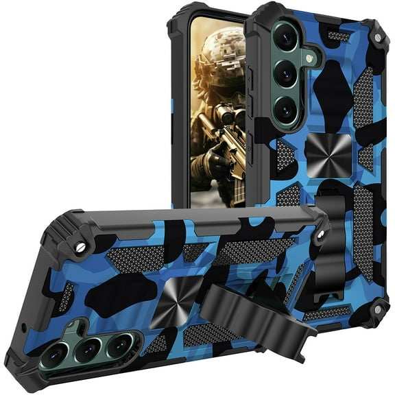 CCSmall Camouflage Case for Samsung Galaxy S24 FE with Kickstand for Men, Military Grade Shockproof Protective Phone Cover Built-in Stand Case for Samsung Galaxy S24 FE Camo Dark Blue