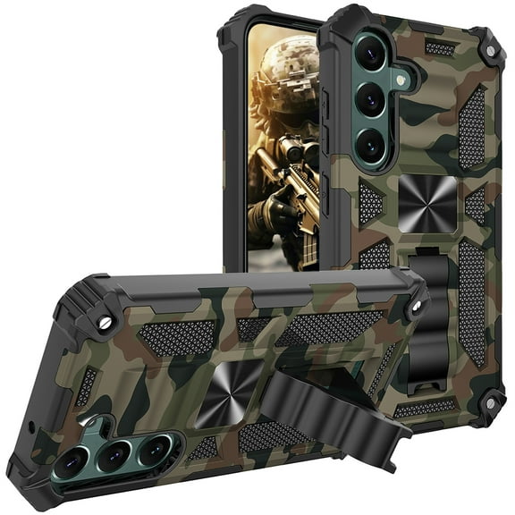 CCSmall Camouflage Case for Samsung Galaxy S25 with Kickstand for Men, Military Grade Shockproof Protective Phone Cover Built-in Stand Case for Samsung Galaxy S24 / S25 Camo Army Green