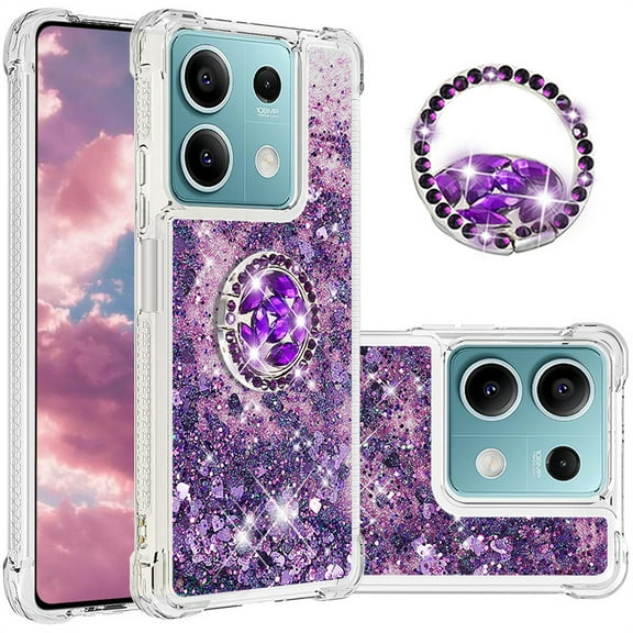 CCSmall Glitter Clear Sparkly Bling Case for Xiaomi Redmi Note 13 Pro 5G, Flowing Liquid Quicksand Cover with Diamond Ring Holder Case for Redmi Note 13 Pro 5G LSZ Purple