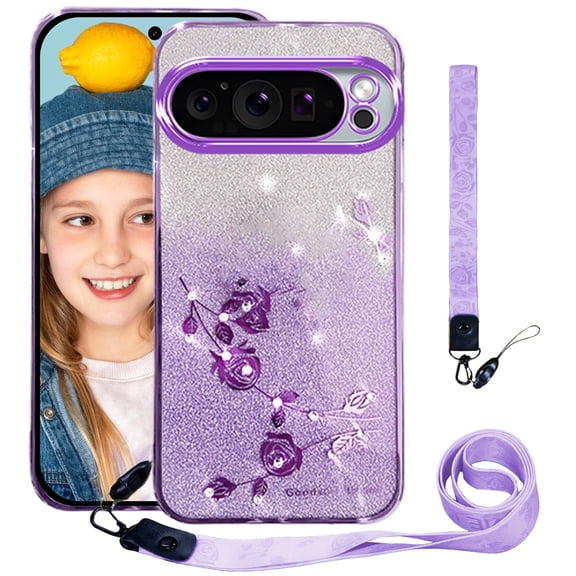 CCSmall for Google Pixel 9 Pro Bling Case Crossbody Lanyard for Woman Girls, Glitter Diamond Flower Shoulder Strap Wristband Cute Sparkle Protective Case Cover for Google Pixel 9 YSH Purple