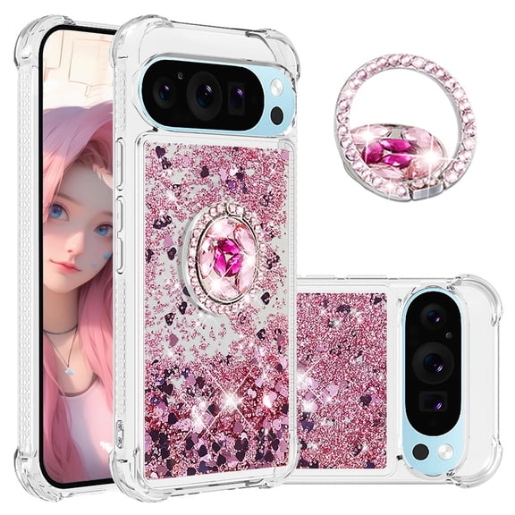 CCSmall for Google Pixel 9 Pro Case Clear Glitter Bling for Women, Flowing Liquid Quicksand Sparkly Cover with Diamond Ring Holder Case for Google Pixel 9 / 9 Pro LSZ Rose Gold