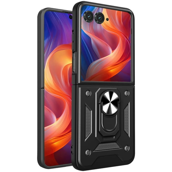 CSmall for Motorola Razr 2024 Case for Man, Military Grade Shockproof Protection Cover with Rotate Ring Kickstand Case for Motorola Razr 50 /Moto Razr 2024 SJ Black