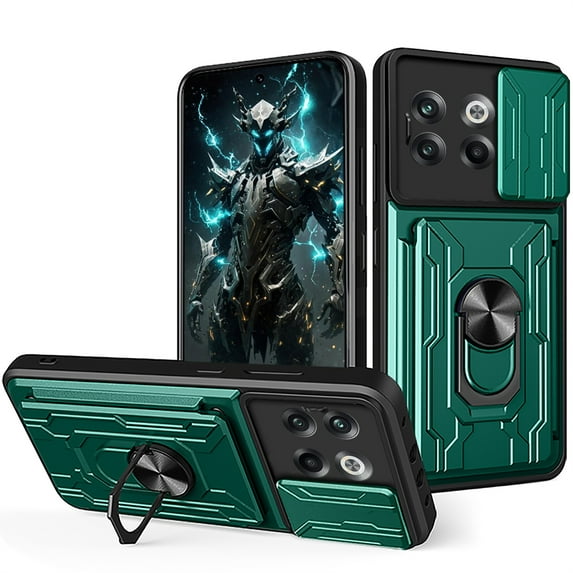 CCSmall for OnePlus 10T 5G Case with Slide Camera Cover, Heavy Duty Protective with Ring Kickstand & Card Holder Cell Phone Case for OnePlus Ace Pro /10T LJK Green