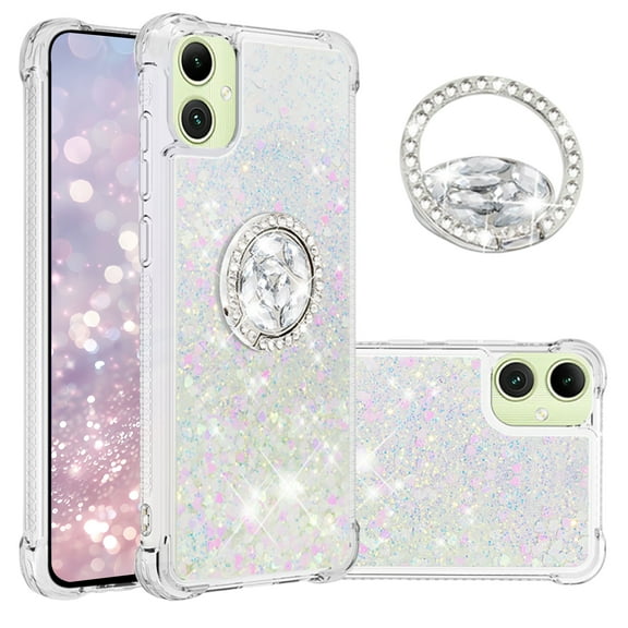 CCSmall for Samsung Galaxy A07 Case Clear Glitter Bling for Women Girl, Flowing Liquid Quicksand Sparkly Phone Cover with Diamond Ring Holder Case for Samsung A07 4G LSZ Colorful