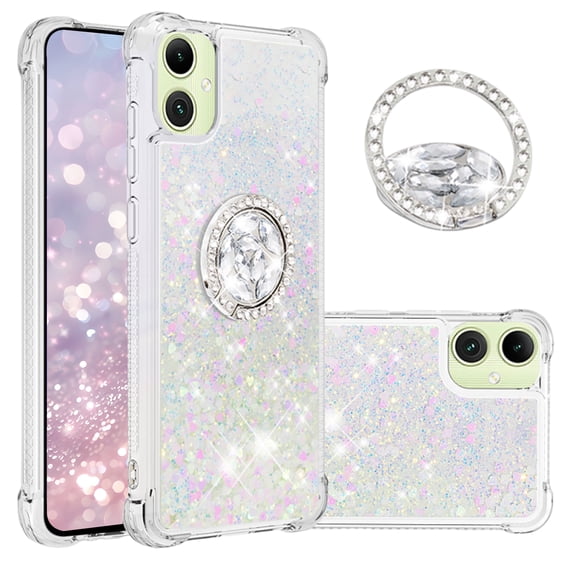 CCSmall for Samsung Galaxy A07 Case Clear Glitter Bling for Women Girl, Flowing Liquid Quicksand Sparkly Phone Cover with Diamond Ring Holder Case for Samsung A07 4G LSZ Colorful