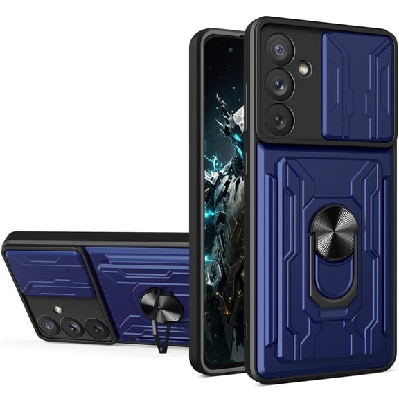 CCSmall for Samsung Galaxy A24 4G Case with Slide Camera Cover, Heavy Duty Protective with Ring Kickstand & Card Holder Cell Phone Case for Samsung Galaxy A24 4G LJK Blue