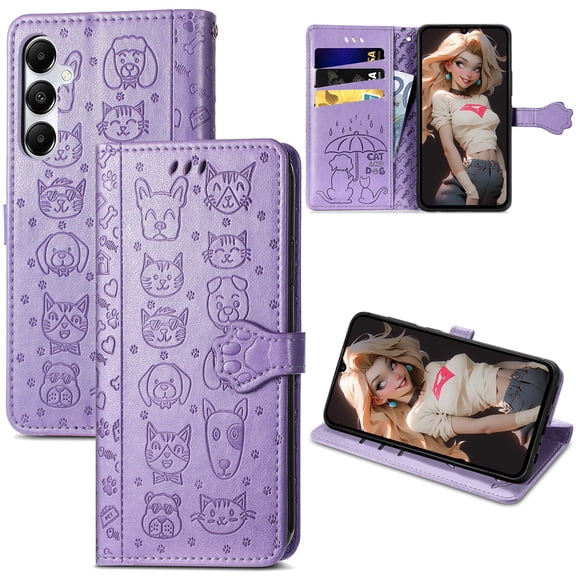 CCSmall for Samsung Galaxy S24 Plus Wallet Case (Not S24) with Card Holder for Women, Cute Cat Dog Cartoon Style PU Leather Flip Phone Cover Case with Kickstand for Samsung S24 Plus MG Purple