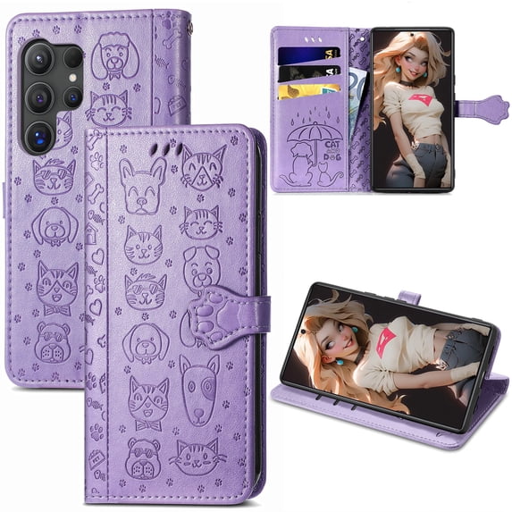 CCSmall for Samsung Galaxy S24 Ultra Wallet Case (Not S24) with Card Holder for Women, Cute Cat Dog Cartoon Style PU Leather Flip Phone Cover Case with Kickstand for Samsung S24 Ultra MG Purple
