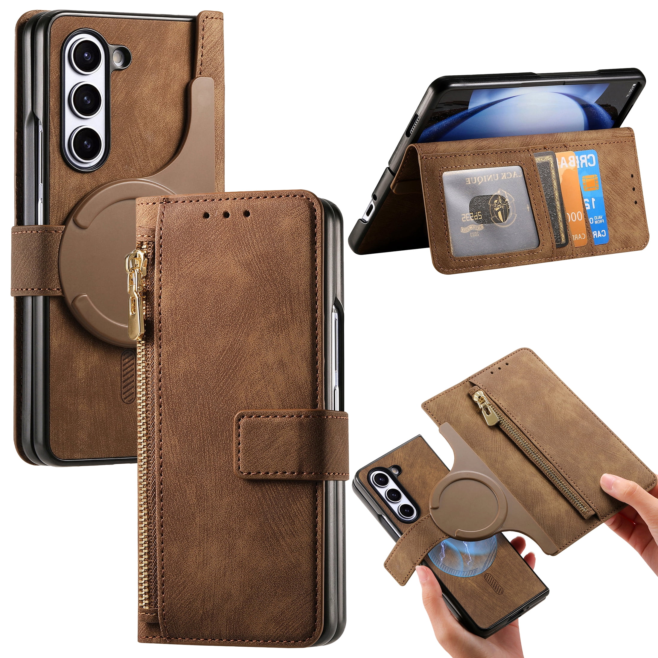 CCSmall for Samsung Galaxy Z Fold 6 5G Detachable Magnetic Wallet Phone Case, RFID Blocking Material Retro Folio Flip Leather Case Zipper Purse Cover with Card Slots for Galaxy Z Fold6 KQX Brown
