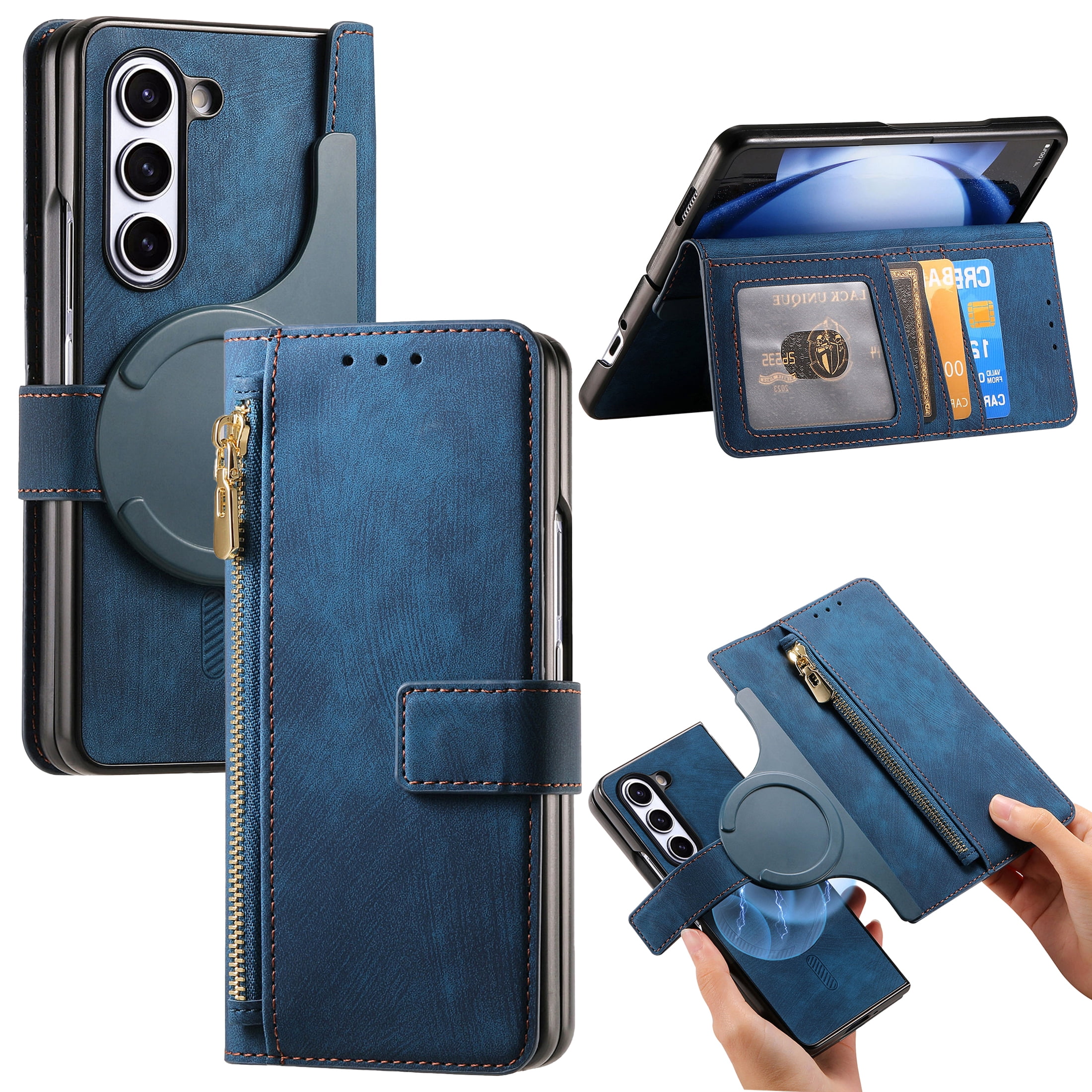 CCSmall for Samsung Galaxy Z Fold 6 5G Detachable Magnetic Wallet Phone Case, RFID Blocking Material Retro Folio Flip Leather Case Zipper Purse Cover with Card Slots for Galaxy Z Fold6 KQX Blue