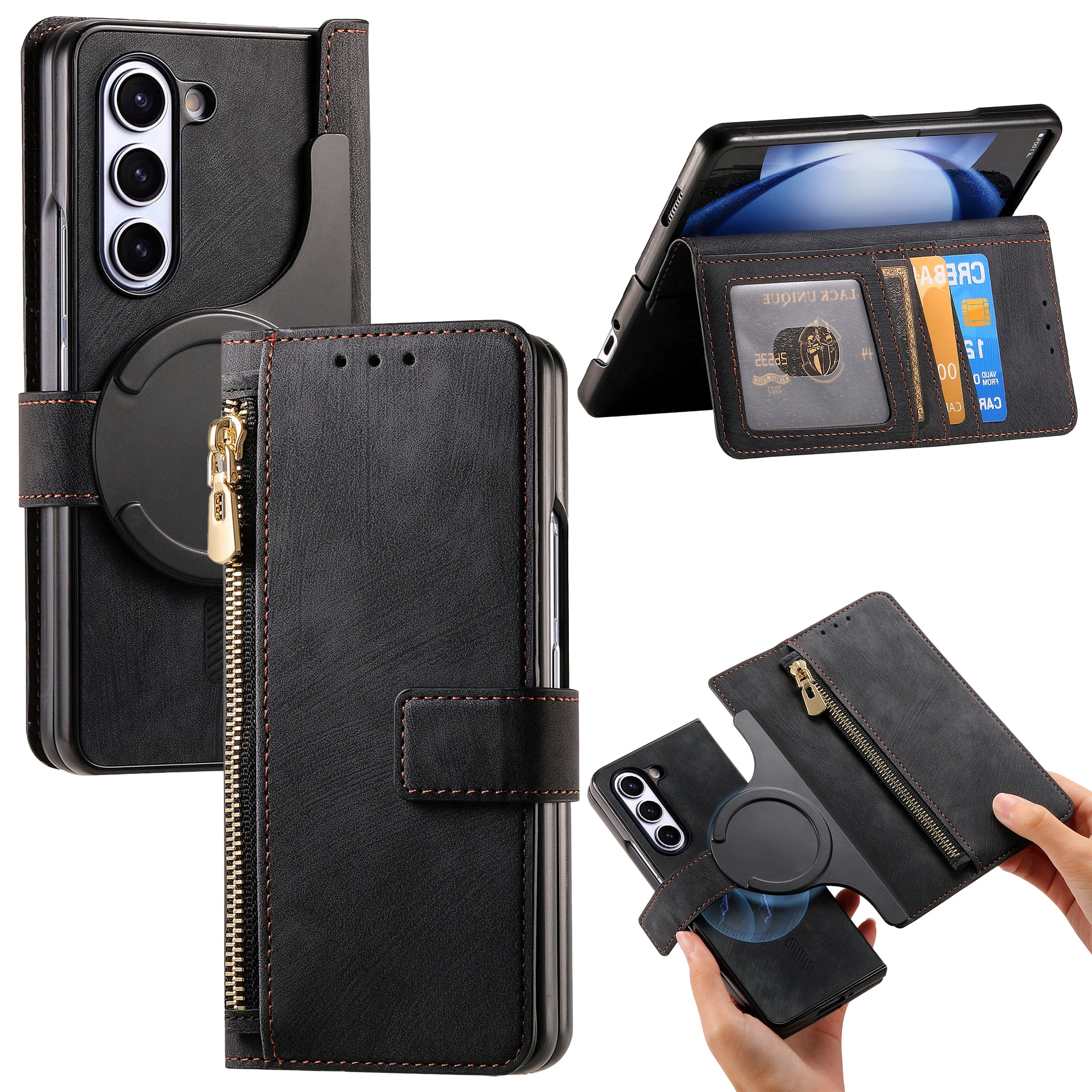CCSmall for Samsung Galaxy Z Fold 6 5G Detachable Magnetic Wallet Phone Case, RFID Blocking Material Retro Folio Flip Leather Case Zipper Purse Cover with Card Slots for Galaxy Z Fold6 KQX Black