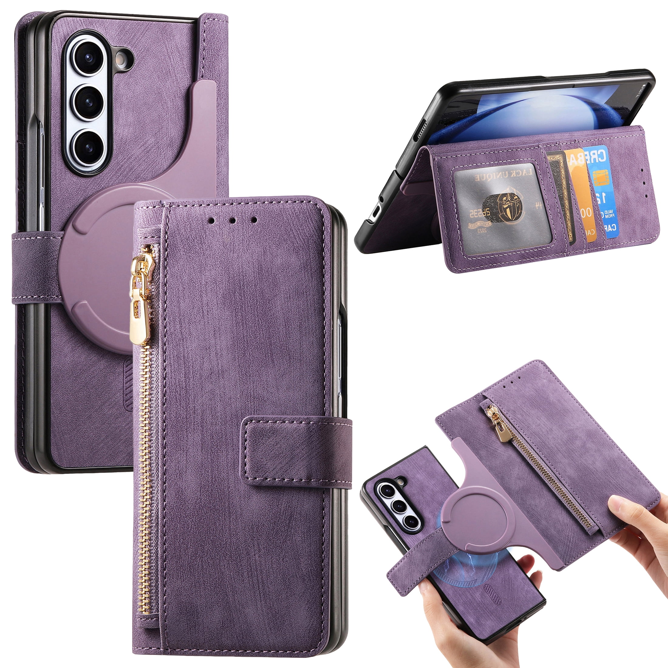 CCSmall for Samsung Galaxy Z Fold 6 5G Detachable Magnetic Wallet Phone Case, RFID Blocking Material Retro Folio Flip Leather Case Zipper Purse Cover with Card Slots for Galaxy Z Fold6 KQX Purple