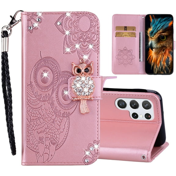 CCSmall Wallet Case for Samsung Galaxy S25 Ultra, Cute Owl Glitter Bling Diamond PU Leather Flip Folio Cover Case with Card Slot & Wrist Strap for Samsung S25 Ultra - Crystal Owl Rose Gold