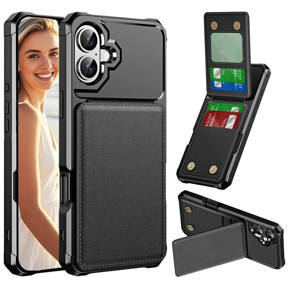 CCSmall Wallet Case for iPhone 16 Plus with Card Holder for Women Men, Luxury Folio Leather Wallet & TPU Bumper Phone Case for Apple iPhone 16 Plus ZM Black