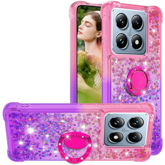 CCSmall for Xiaomi 14T Clear Case Glitter for Girls Women, Liquid Sparkle Bling Cute Case with Kickstand Gradient Quicksand Cover for Xiaomi 14T Pro / 14T JB Pink Mauve