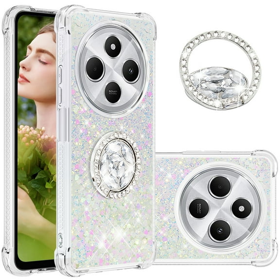 CCSmall for Xiaomi Redmi 14C Case Clear Glitter Bling for Women, Flowing Liquid Quicksand Sparkly Cover with Diamond Ring Holder Case for Xiaomi Redmi 14C 4G LSZ Colorful