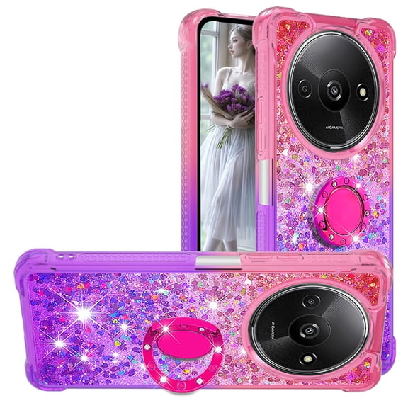 CCSmall for Xiaomi Redmi A3 Clear Case Glitter for Girls Women, Liquid Sparkle Bling Cute Case with Kickstand Gradient Quicksand Cover for Xiaomi Redmi A3 JB Pink Mauve