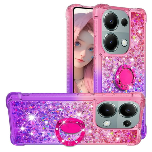 CCSmall for Xiaomi Redmi Note 13 Pro 4G Cute Case with Kickstand, Liquid Glitter Sparkle Bling Phone Case Gradient Floating Quicksand Cover for Poco M6 Pro 4G /Redmi Note 13 Pro 4G Pink Mauve
