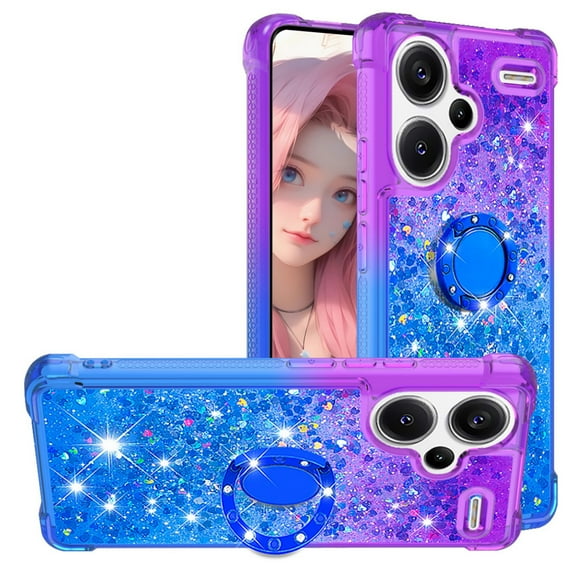 CCSmall for Xiaomi Redmi Note 13 Pro+ Cute Case with Kickstand, Liquid Glitter Sparkle Bling Phone Case Gradient Floating Quicksand Cover for Redmi Note 13 Pro Plus 5G JB Purple Navy
